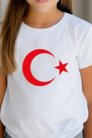 Beyaz Kırmızı Türk Bayrak Baskılı Unisex Çocuk Tişört