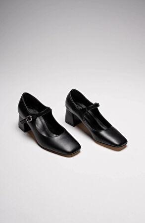 New Mele Siyah Cilt Günlük Kadın Topuklu Ayakkabı