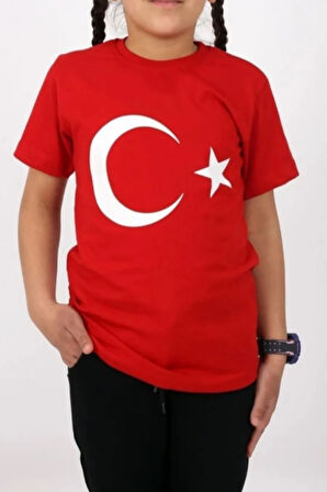 Kırmızı Beyaz Türk Bayrak Baskılı Unisex Çocuk Tişört