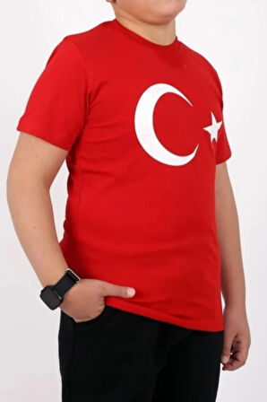 Kırmızı Beyaz Türk Bayrak Baskılı Unisex Çocuk Tişört