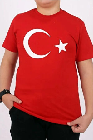 Kırmızı Beyaz Türk Bayrak Baskılı Unisex Çocuk Tişört