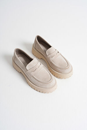 Rion Kadın Günlük Bej Süet Loafer Ayakkabı