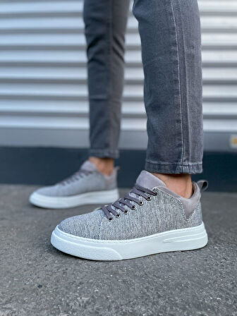 Gri Flex Bağcıklı Keten Kumaş Erkek Günlük Sneaker Ayakkabı
