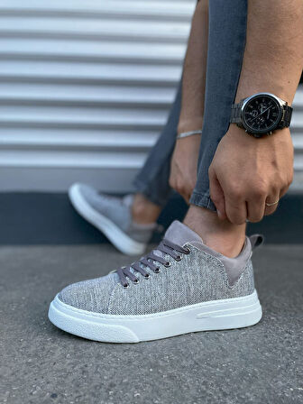Gri Flex Bağcıklı Keten Kumaş Erkek Günlük Sneaker Ayakkabı