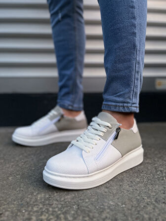 Warrior Bağcıklı ve Fermuarlı Cilt Süet Erkek Günlük Sneaker Ayakkabı CSBT - Beyaz/Gri