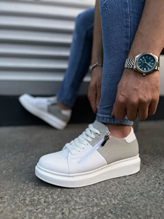 Warrior Bağcıklı ve Fermuarlı Cilt Süet Erkek Günlük Sneaker Ayakkabı CSBT - Beyaz/Gri
