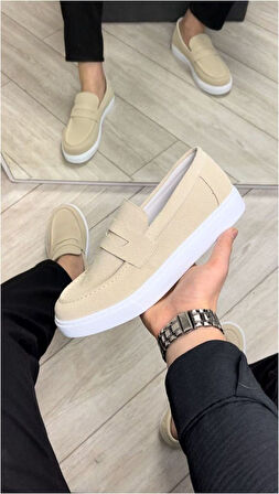 Estilo X Bağcıksız Süet Erkek Günlük Spor Klasik Ayakkabı BT - Krem
