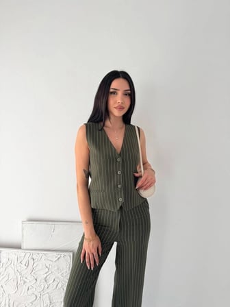 Essential Kadın Çizgili Tansel Kumaş Yelek Pantolon İkili Takım Ofis Şık Modern - Haki