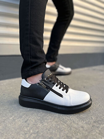 Warrior Bağcıklı ve Fermuarlı Cilt Erkek Günlük Sneaker Ayakkabı CST - Siyah/Beyaz