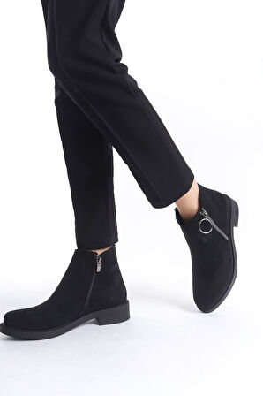 New Margaret Siyah Süet Kısa Topuklu Kadın Bot