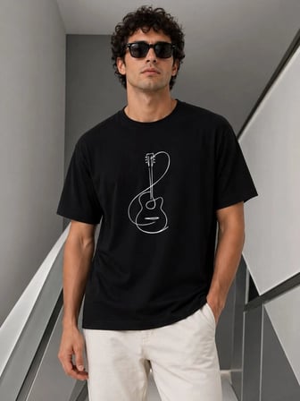 Erkek Siyah Gitar Baskılı Yazlık Tişört - Pamuklu Kısa Kol Bisiklet Yaka T-Shirt