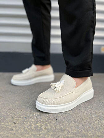Krem Beyaz Blaze Bağcıksız Püsküllü Keten Erkek Günlük Spor Klasik Ayakkabı