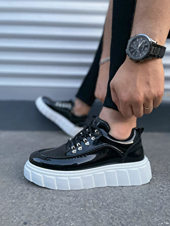 Siyah Beyaz Cloud Bağcıklı Rugan Erkek Günlük Sneaker Ayakkabı