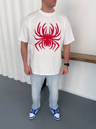 Vandero Erkek Beyaz Örümcek Baskılı T-shirt - Oversize Sokak Stili Bisiklet Yaka