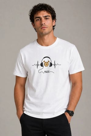 Erkek Beyaz Müzik Temalı Baskılı Bisiklet Yaka %100 Pamuk Yazlık T-Shirt