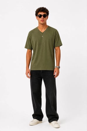 City Erkek V Yaka Basic Tişört Kısa Kol Yazlık Regular Fit T-Shirt - Haki