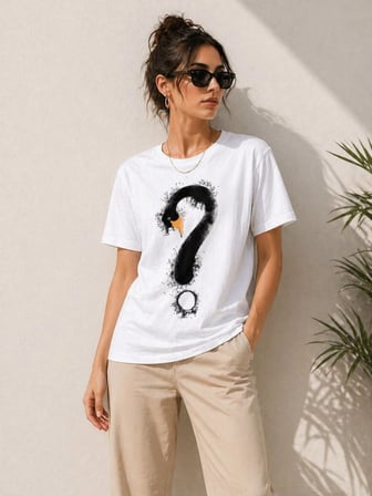 Kadın Beyaz Kuğu Figürlü ve Soru İşareti Baskılı Tişört - Minimalist Tasarım Yazlık Kısa Kollu T-Shirt