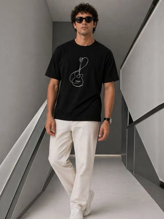 Erkek Siyah Gitar Baskılı Yazlık Tişört - Pamuklu Kısa Kol Bisiklet Yaka T-Shirt