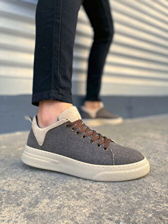 Kahve Krem Flex Bağcıklı Keten Kumaş Erkek Günlük Sneaker Ayakkabı
