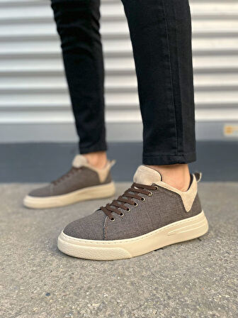 Kahve Krem Flex Bağcıklı Keten Kumaş Erkek Günlük Sneaker Ayakkabı