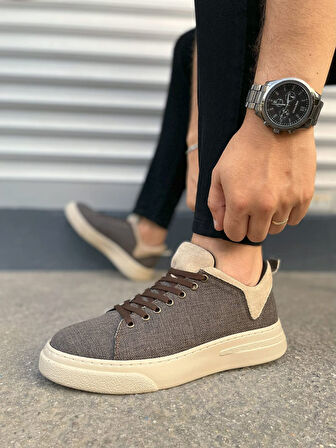 Kahve Krem Flex Bağcıklı Keten Kumaş Erkek Günlük Sneaker Ayakkabı