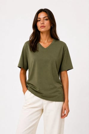 Essen Kadın V Yaka Basic Haki Tişört - Kısa Kol Yazlık Rahat Kalıp T-Shirt