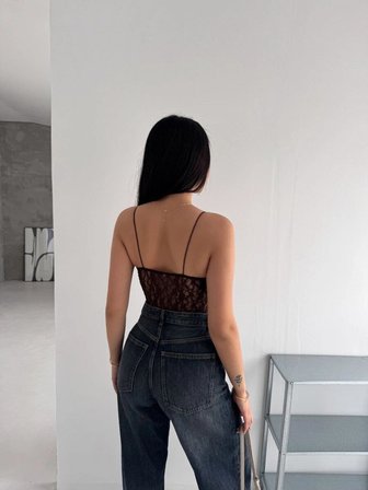 Aura Kadın Dantel Detaylı Derin Dekolte Body Şık Kolsuz Yazlık Bodysuit - Kahvrenegi