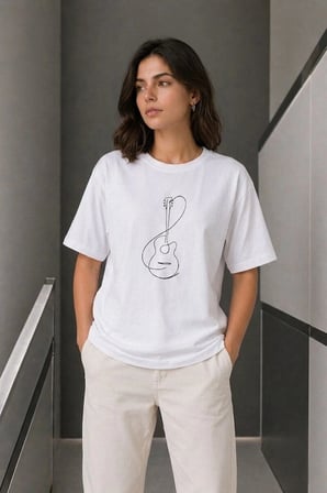 Kadın Beyaz Minimal Gitar Baskılı Bisiklet Yaka %100 Pamuk Yazlık Tişört