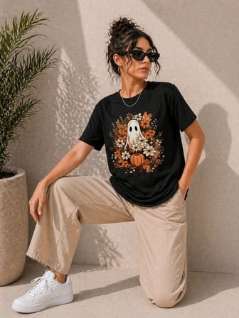 Kadın Siyah Balkabağı Hayalet Figürlü Tişört - Sevimli Karakter Baskılı Yazlık Kısa Kollu T-Shirt