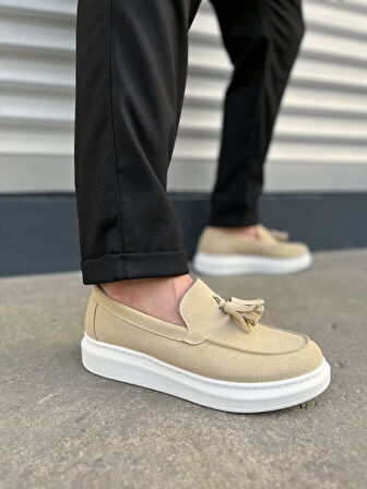 Blaze Bağcıksız Püsküllü Süet Erkek Günlük Spor Klasik Ayakkabı SBT - Krem