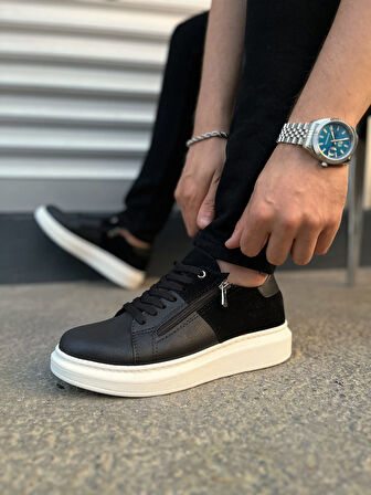 Warrior Bağcıklı ve Fermuarlı Cilt Süet Erkek Günlük Sneaker Ayakkabı CSBT - Siyah