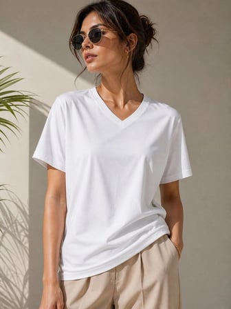 Essen V Yaka Basic Tişört Kısa Kol Yazlık Regular Fit T-Shirt - Beyaz