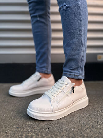 Warrior Bağcıklı ve Fermuarlı Cilt Erkek Günlük Sneaker Ayakkabı CBT - Beyaz