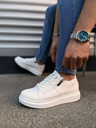 Warrior Bağcıklı ve Fermuarlı Cilt Erkek Günlük Sneaker Ayakkabı CBT - Beyaz