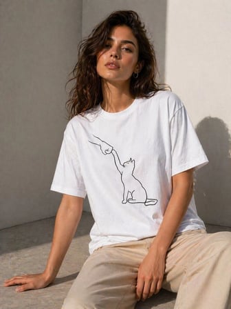 Kedi Figürlü Minimal Çizim Baskılı Kadın Tişört - Beyaz Yazlık Pamuklu Kısa Kol T-Shirt