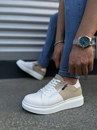 Warrior Bağcıklı ve Fermuarlı Cilt Süet Erkek Günlük Sneaker Ayakkabı CSBT - Beyaz/Krem