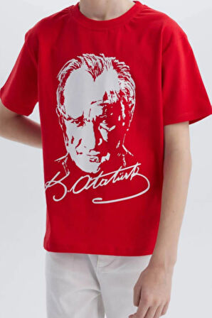 Kırmızı Beyaz Atatürk Baskılı Unisex Çocuk Tişört
