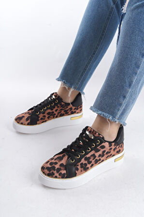 MINA Kahverengi Bağcıklı Ortopedik Taban Leopar Desenli Kadın Sneaker Spor Ayakkabı