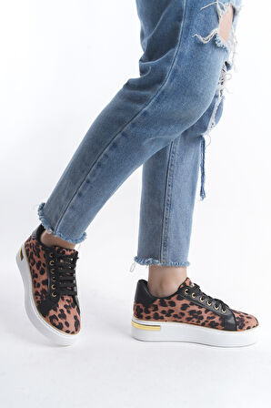 MINA Kahverengi Bağcıklı Ortopedik Taban Leopar Desenli Kadın Sneaker Spor Ayakkabı