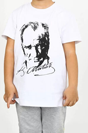 Beyaz Siyah Atatürk Baskılı Unisex Çocuk Tişört