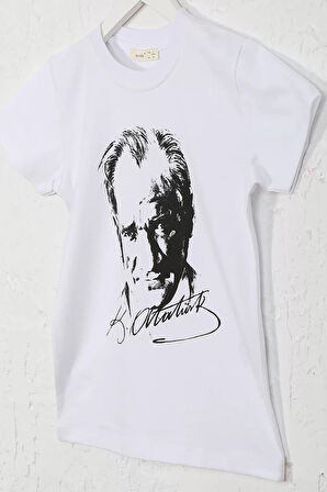 Beyaz Siyah Atatürk Baskılı Unisex Çocuk Tişört