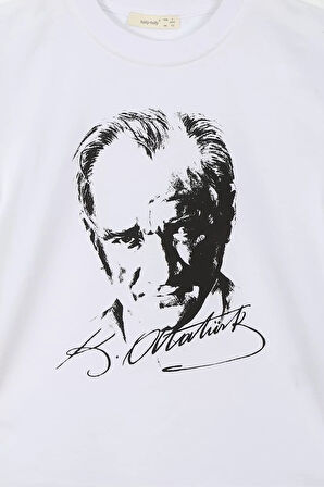Beyaz Siyah Atatürk Baskılı Unisex Çocuk Tişört
