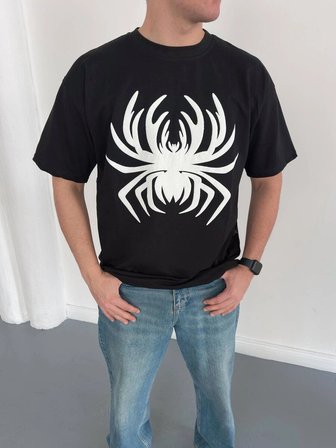 Vandero Erkek Siyah Örümcek Baskılı T-shirt - Oversize Sokak Stili Bisiklet Yaka