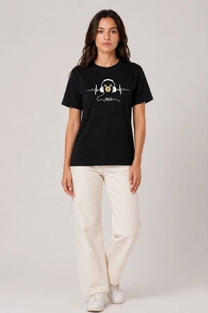 Kadın Müzik Temalı Baskılı Tişört Bisiklet Yaka Kısa Kol T-Shirt - Siyah