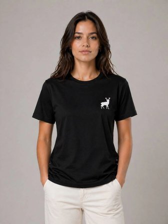 Kadın Minimal Geyik Logolu Tişört Bisiklet Yaka Kısa kol Yazlık T-Shirt - Siyah
