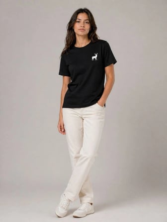 Kadın Minimal Geyik Logolu Tişört Bisiklet Yaka Kısa kol Yazlık T-Shirt - Siyah