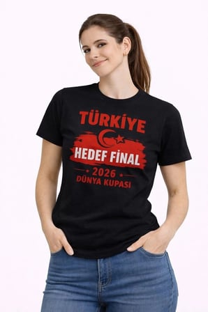 Yüce Kadın TÜRKİYE Baskılı Tişört Ay Yıldız 2026 Dünya Kupası Taraftar Forma T-Shirt - Siyah