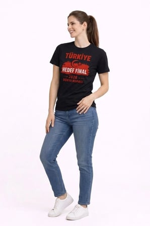 Yüce Kadın TÜRKİYE Baskılı Tişört Ay Yıldız 2026 Dünya Kupası Taraftar Forma T-Shirt - Siyah