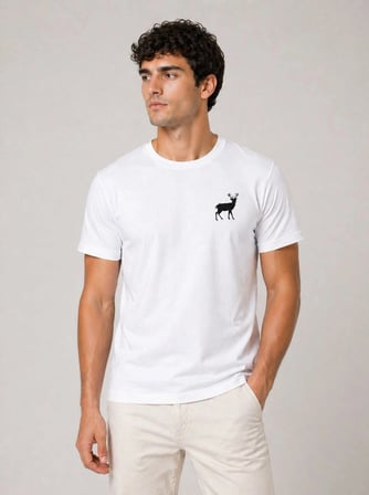Beyaz Erkek Geyik Nakışlı/Baskılı Kısa Kol Bisiklet Yaka Pamuklu T-Shirt
