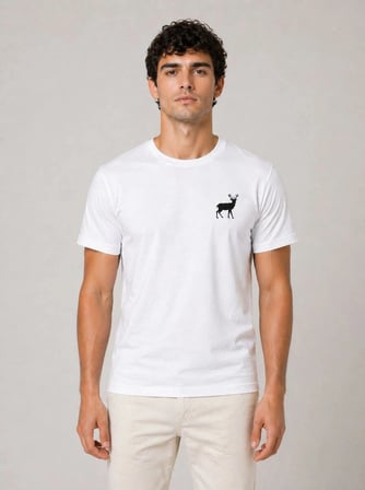 Beyaz Erkek Geyik Nakışlı/Baskılı Kısa Kol Bisiklet Yaka Pamuklu T-Shirt